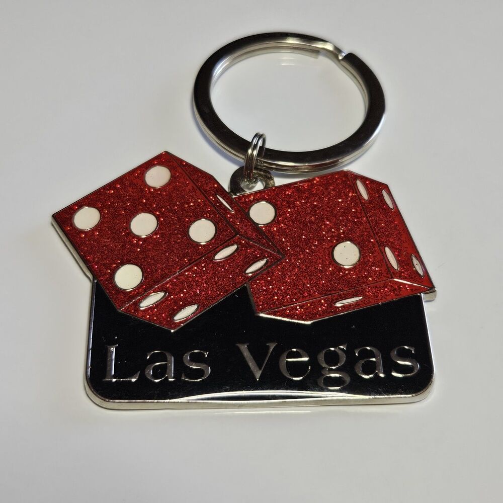 Silver Tone Metal Key Ring Las Vegas Red Glitter Enamel Dice Black Enamel